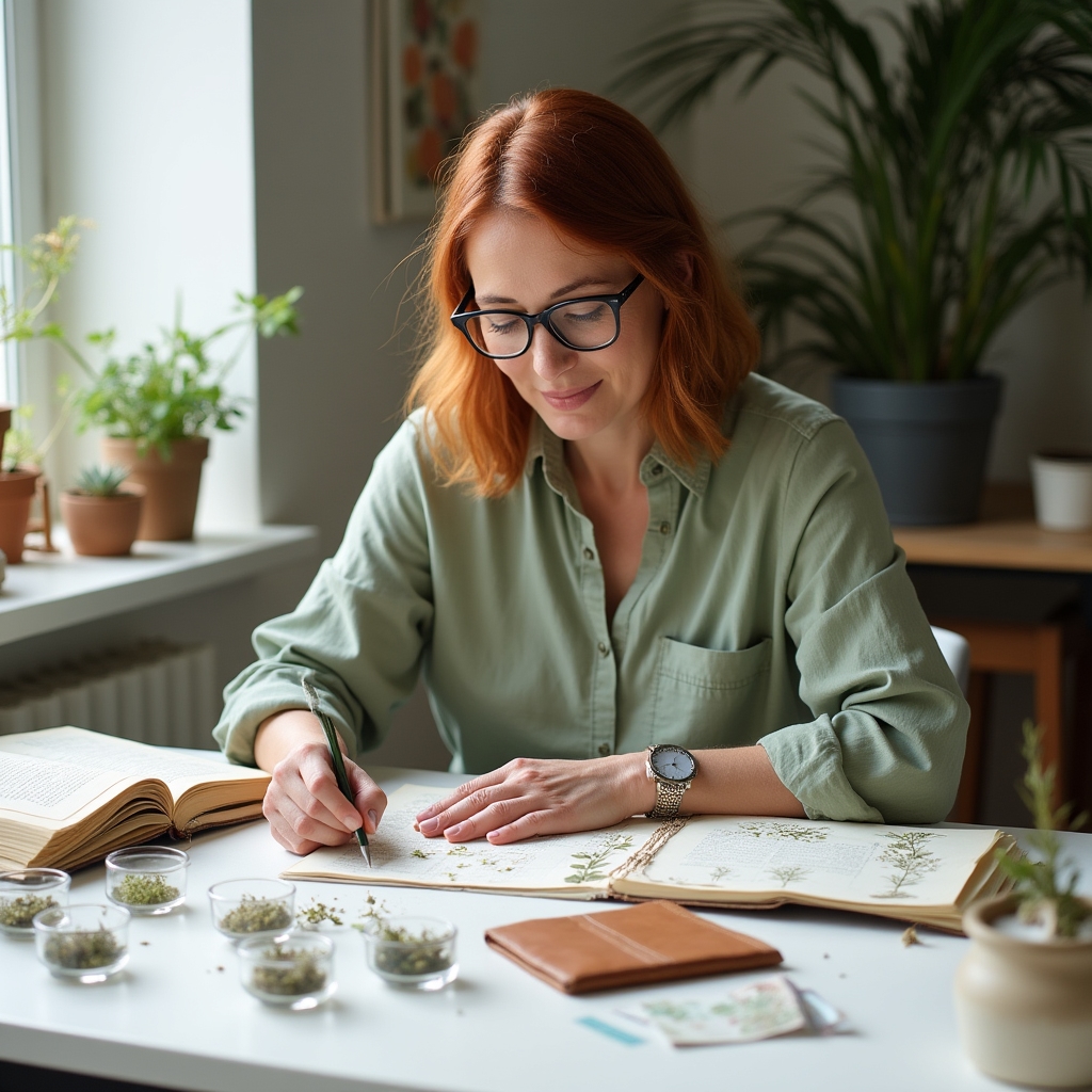 Persona che studia piante aromatiche mediterranee con libri e campioni