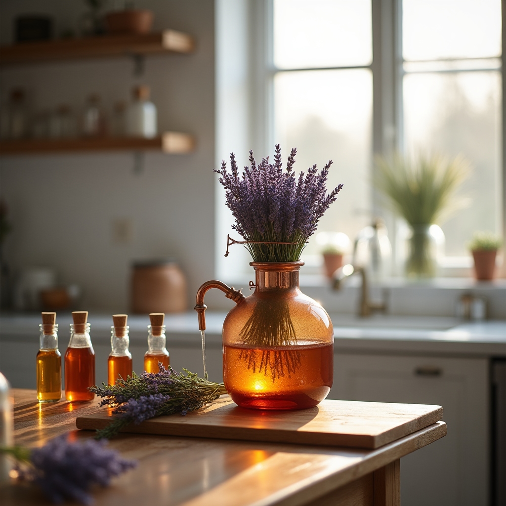 Distillatore a vapore artigianale con piante aromatiche fresche