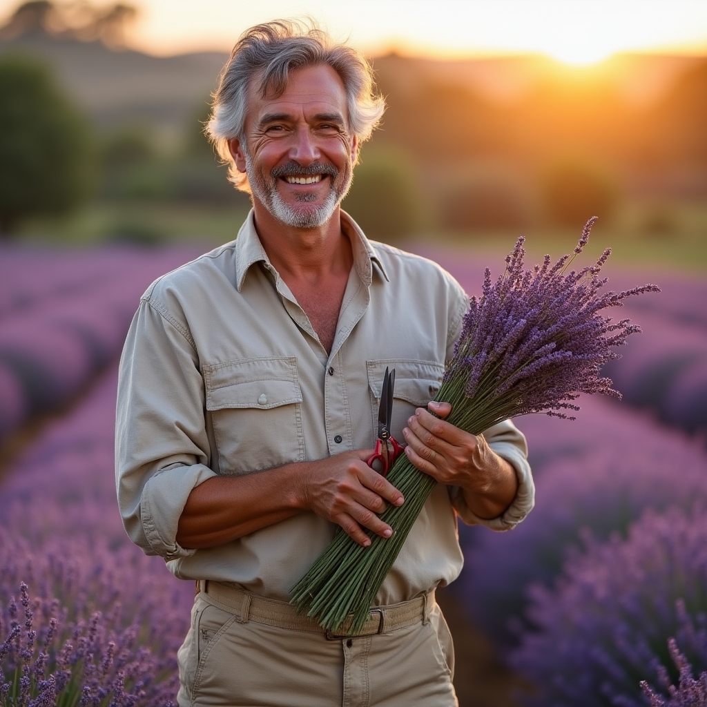 Raccolta di lavanda in fiore in un campo mediterraneo